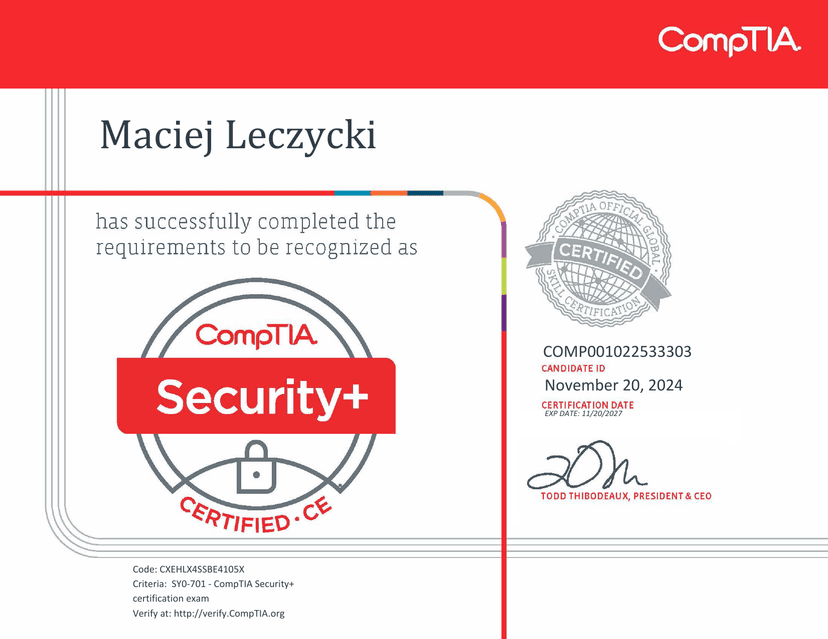 Certyfikat CompTIA Security+ wystawiony przez CompTIA